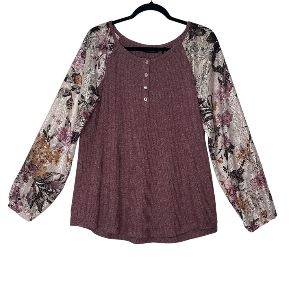 Susan Graver Weekend Top Women M Textured Knit Pink Sheer Lace Sleeves Romantic‎